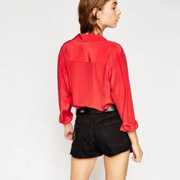 The Kooples Wrap-Over Red Silk Long Sleeve Button Down Bodysuit Sz 2 (M) NEW - Picture 2 of 13